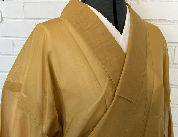 Vintage Japanese Summer Tsumugi Kimono – Mustard Yellow Sheer Silk, Unworn Lightweight