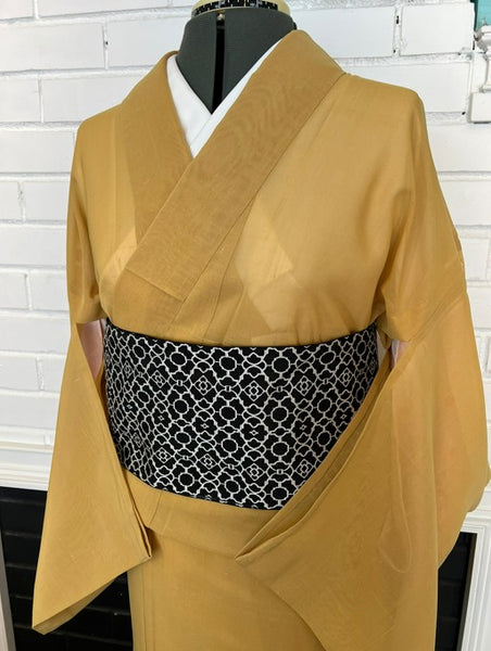 Vintage Japanese Summer Tsumugi Kimono – Mustard Yellow Sheer Silk, Unworn Lightweight