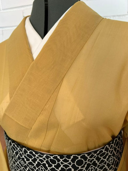 Vintage Japanese Summer Tsumugi Kimono – Mustard Yellow Sheer Silk, Unworn Lightweight