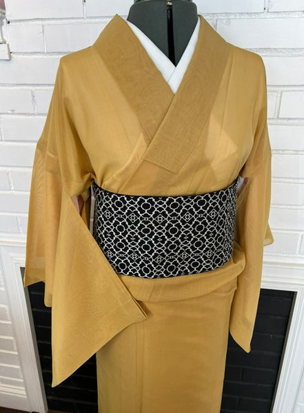 Vintage Japanese Summer Tsumugi Kimono – Mustard Yellow Sheer Silk, Unworn Lightweight