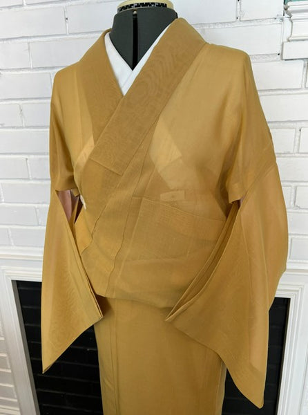 Vintage Japanese Summer Tsumugi Kimono – Mustard Yellow Sheer Silk, Unworn Lightweight