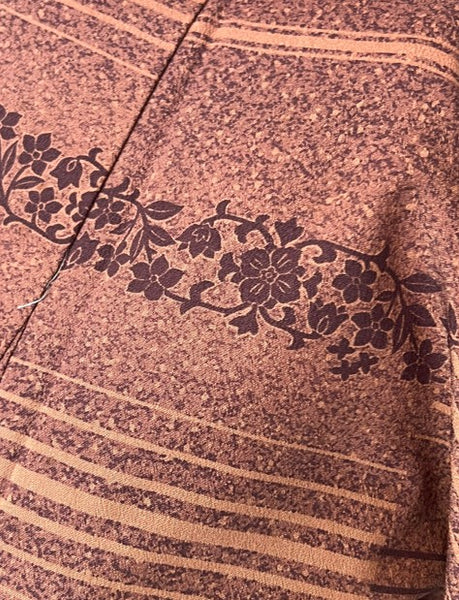 Vintage Japanese Kimono – Rust Brown Awase Kimono with Floral & Stripe Pattern – Traditional Silk Kimono Robe