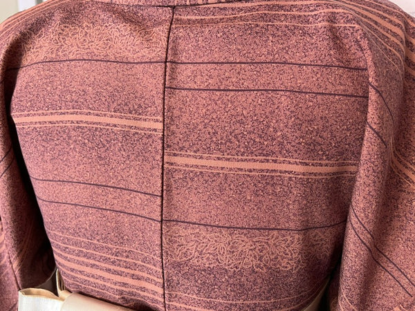 Vintage Japanese Kimono – Rust Brown Awase Kimono with Floral & Stripe Pattern – Traditional Silk Kimono Robe