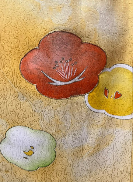 Vintage Silk Awase Kimono – Golden Yellow with Floral Motif – Traditional Lined Japanese Kimono