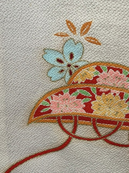 Vintage Silk Chirimen Awase Kimono in Cream – Floral & Fan Motif – Japanese Sakura Design – Elegant Traditional Wear