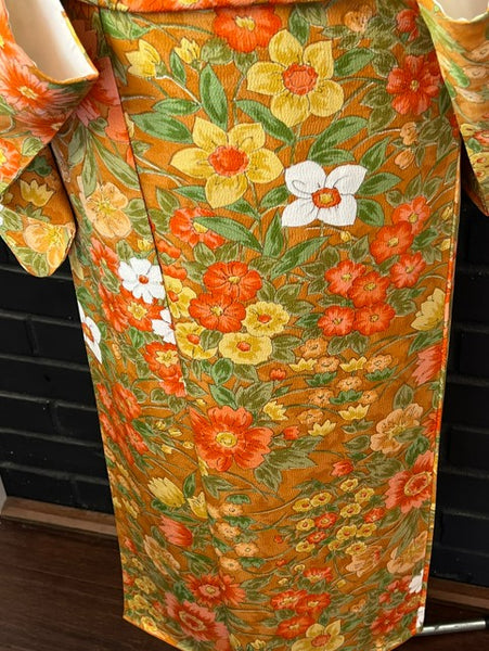 Vintage Awase Kimono – Orange Floral Pattern, Elegant Japanese Traditional Wear