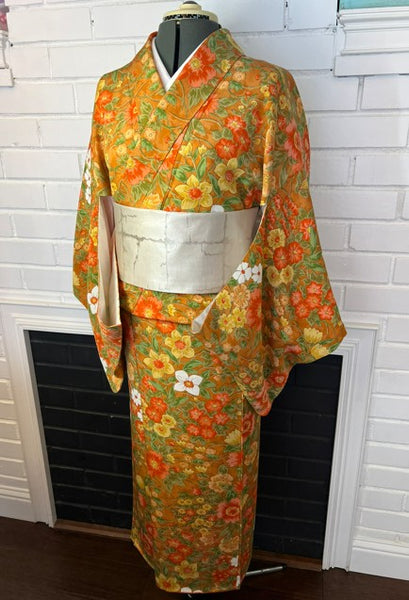 Vintage Awase Kimono – Orange Floral Pattern, Elegant Japanese Traditional Wear