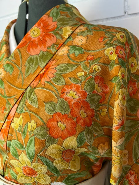 Vintage Awase Kimono – Orange Floral Pattern, Elegant Japanese Traditional Wear