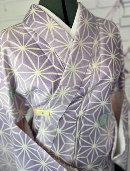 Japanese Awase Kimono –  Lavender Asanoha Pattern, Elegant Japanese Wear