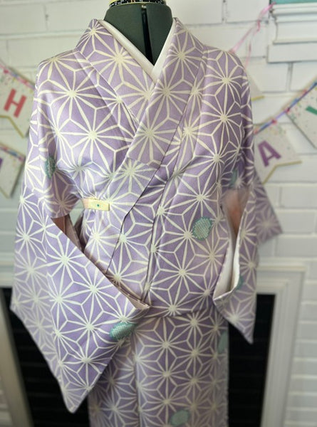 Japanese Awase Kimono –  Lavender Asanoha Pattern, Elegant Japanese Wear