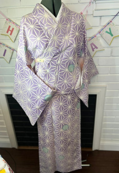 Japanese Awase Kimono –  Lavender Asanoha Pattern, Elegant Japanese Wear