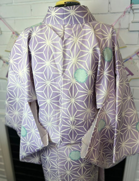 Japanese Awase Kimono –  Lavender Asanoha Pattern, Elegant Japanese Wear