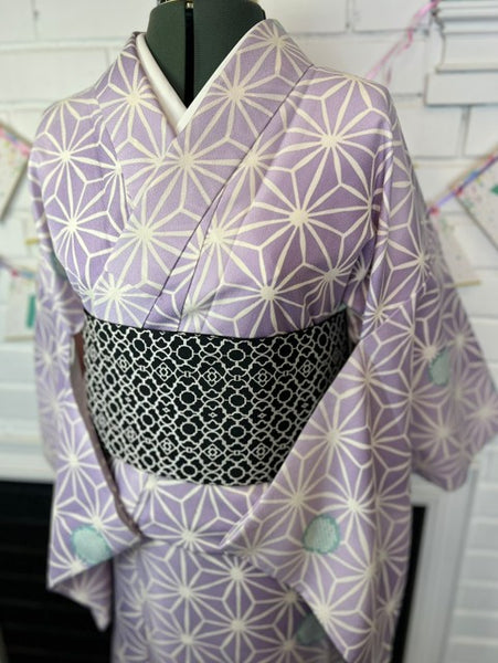 Japanese Awase Kimono –  Lavender Asanoha Pattern, Elegant Japanese Wear