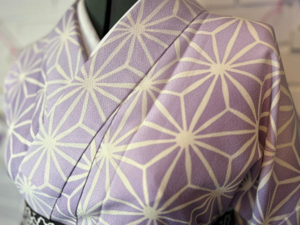 Japanese Awase Kimono –  Lavender Asanoha Pattern, Elegant Japanese Wear