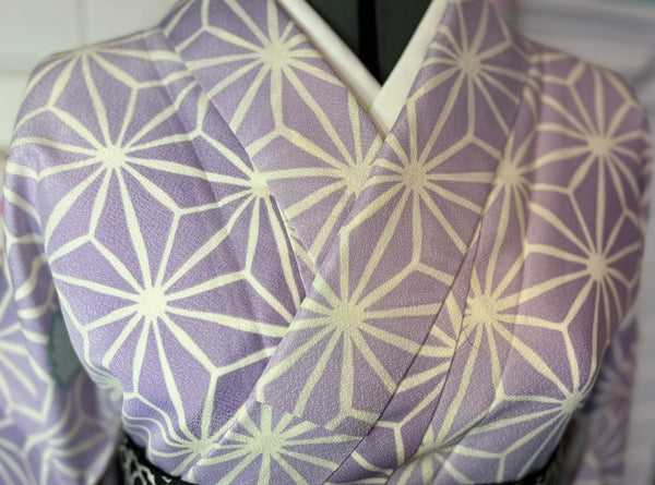 Japanese Awase Kimono –  Lavender Asanoha Pattern, Elegant Japanese Wear