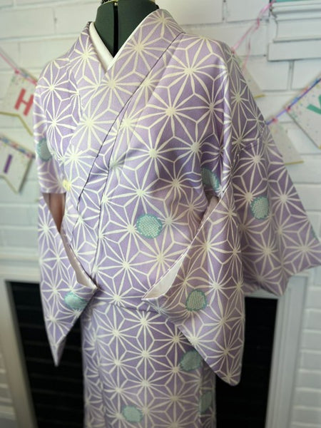 Japanese Awase Kimono –  Lavender Asanoha Pattern, Elegant Japanese Wear