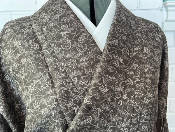 Vintage Awase Kimono – Taupe Brown Floral Komon Pattern, Elegant Japanese Traditional Wear