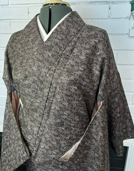 Vintage Awase Kimono – Taupe Brown Floral Komon Pattern, Elegant Japanese Traditional Wear