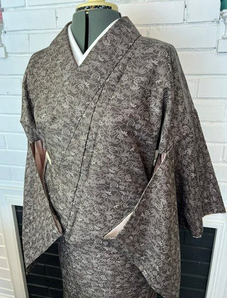 Vintage Awase Kimono – Taupe Brown Floral Komon Pattern, Elegant Japanese Traditional Wear