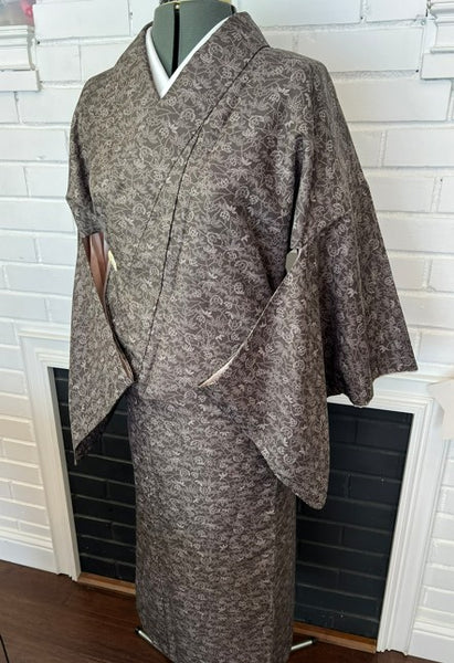 Vintage Awase Kimono – Taupe Brown Floral Komon Pattern, Elegant Japanese Traditional Wear