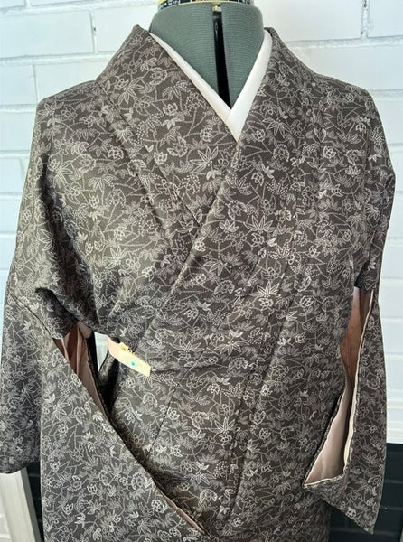 Vintage Awase Kimono – Taupe Brown Floral Komon Pattern, Elegant Japanese Traditional Wear