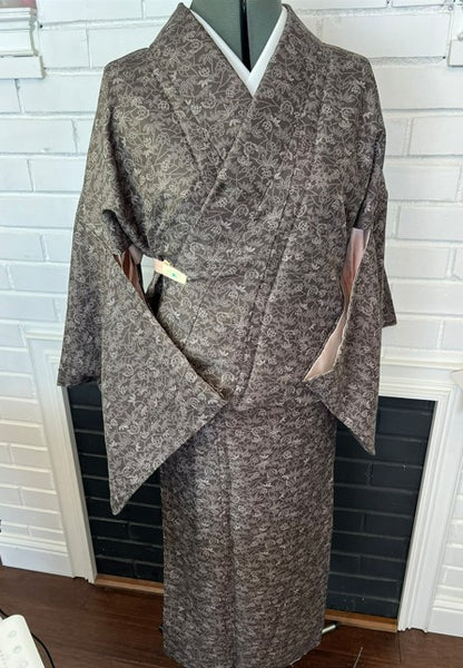 Vintage Awase Kimono – Taupe Brown Floral Komon Pattern, Elegant Japanese Traditional Wear
