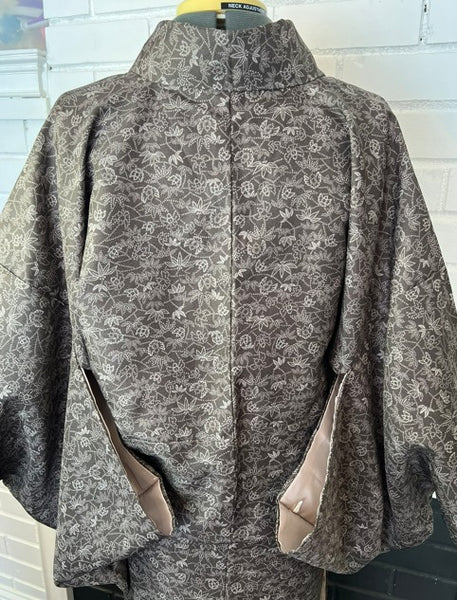 Vintage Awase Kimono – Taupe Brown Floral Komon Pattern, Elegant Japanese Traditional Wear