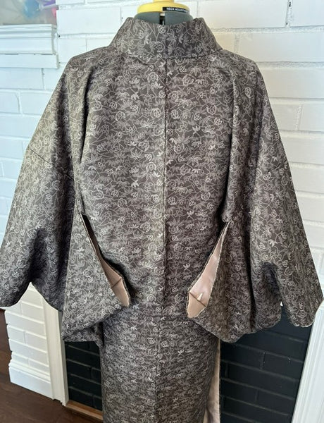 Vintage Awase Kimono – Taupe Brown Floral Komon Pattern, Elegant Japanese Traditional Wear