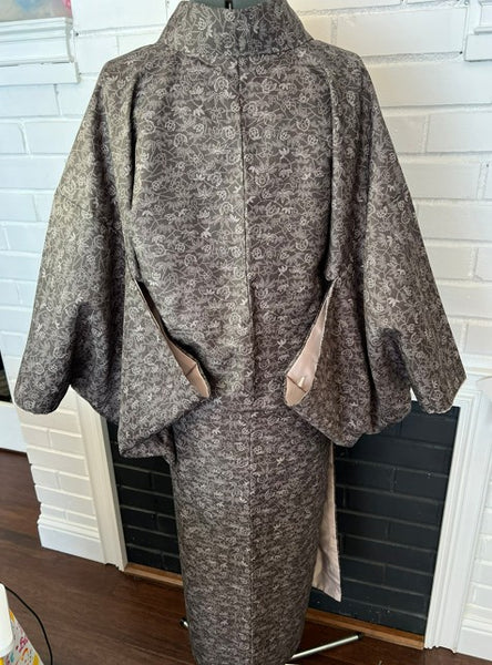 Vintage Awase Kimono – Taupe Brown Floral Komon Pattern, Elegant Japanese Traditional Wear