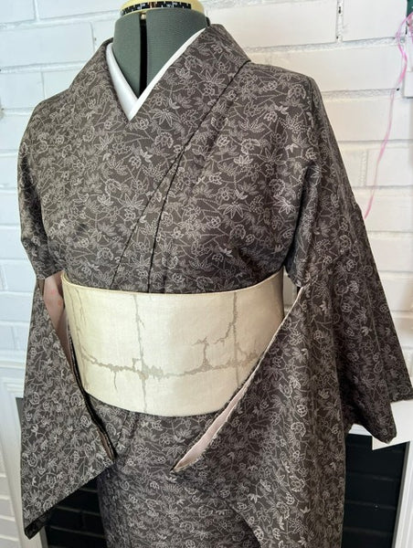 Vintage Awase Kimono – Taupe Brown Floral Komon Pattern, Elegant Japanese Traditional Wear