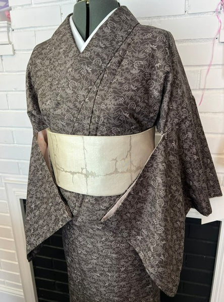 Vintage Awase Kimono – Taupe Brown Floral Komon Pattern, Elegant Japanese Traditional Wear