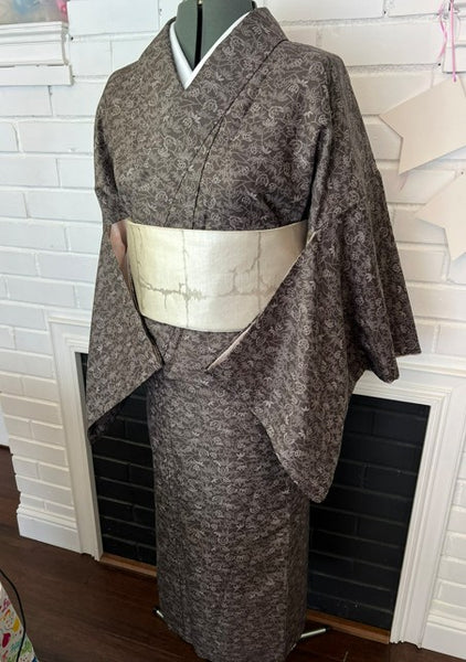 Vintage Awase Kimono – Taupe Brown Floral Komon Pattern, Elegant Japanese Traditional Wear