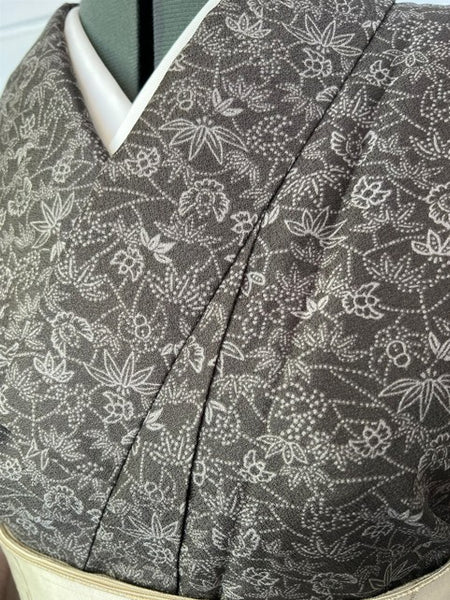 Vintage Awase Kimono – Taupe Brown Floral Komon Pattern, Elegant Japanese Traditional Wear