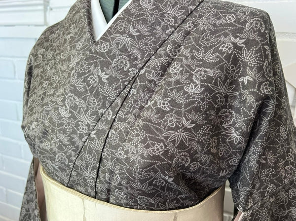 Vintage Awase Kimono – Taupe Brown Floral Komon Pattern, Elegant Japanese Traditional Wear