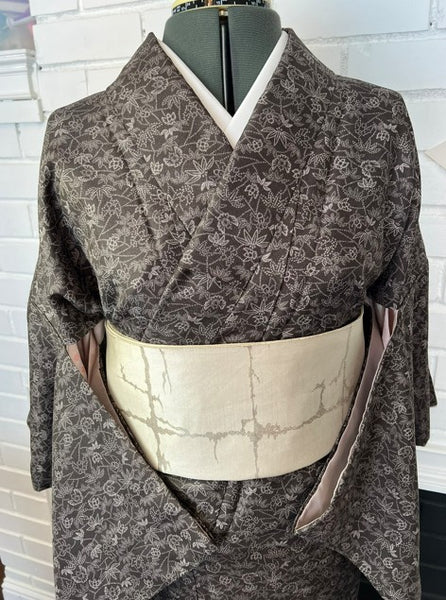Vintage Awase Kimono – Taupe Brown Floral Komon Pattern, Elegant Japanese Traditional Wear