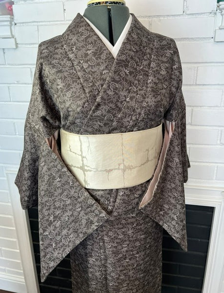 Vintage Awase Kimono – Taupe Brown Floral Komon Pattern, Elegant Japanese Traditional Wear