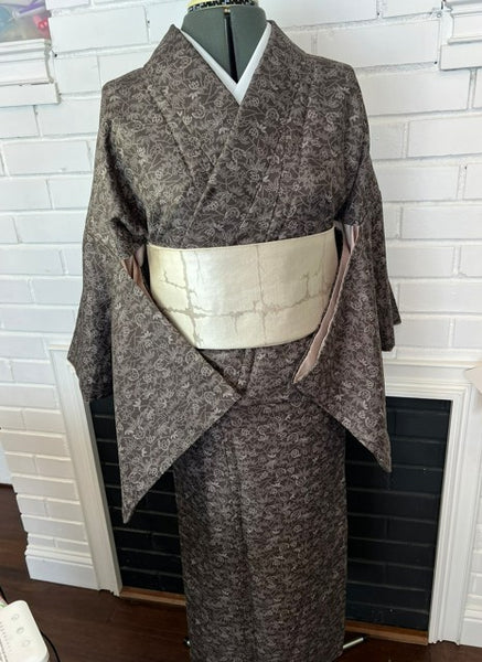 Vintage Awase Kimono – Taupe Brown Floral Komon Pattern, Elegant Japanese Traditional Wear