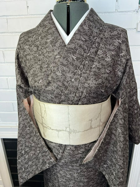 Vintage Awase Kimono – Taupe Brown Floral Komon Pattern, Elegant Japanese Traditional Wear