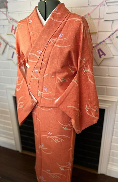 Japanese Awase Kimono –  Orange Floral Pattern, Elegant Japanese Wear, Size: M-L