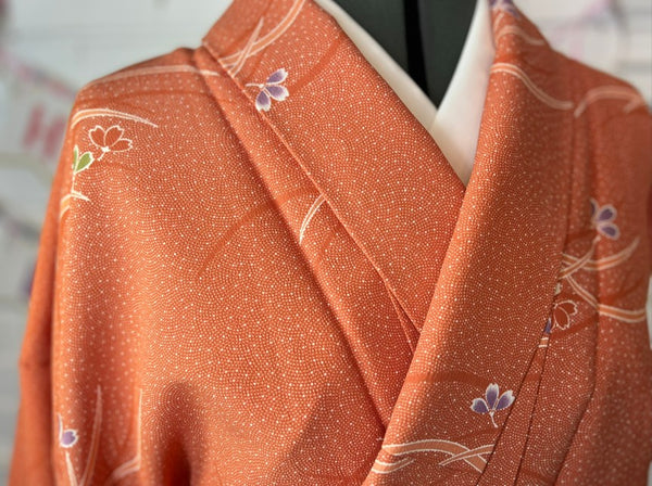 Japanese Awase Kimono –  Orange Floral Pattern, Elegant Japanese Wear, Size: M-L