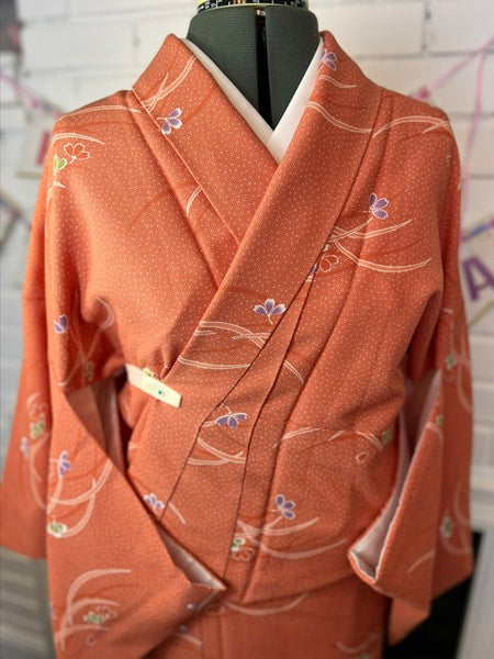 Japanese Awase Kimono –  Orange Floral Pattern, Elegant Japanese Wear, Size: M-L
