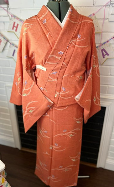 Japanese Awase Kimono –  Orange Floral Pattern, Elegant Japanese Wear, Size: M-L