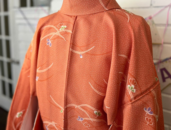 Japanese Awase Kimono –  Orange Floral Pattern, Elegant Japanese Wear, Size: M-L