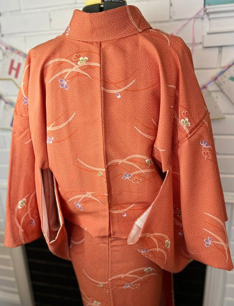 Japanese Awase Kimono –  Orange Floral Pattern, Elegant Japanese Wear, Size: M-L