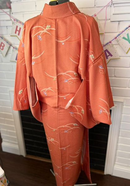 Japanese Awase Kimono –  Orange Floral Pattern, Elegant Japanese Wear, Size: M-L