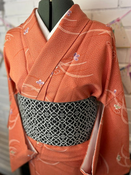 Japanese Awase Kimono –  Orange Floral Pattern, Elegant Japanese Wear, Size: M-L