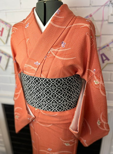 Japanese Awase Kimono –  Orange Floral Pattern, Elegant Japanese Wear, Size: M-L