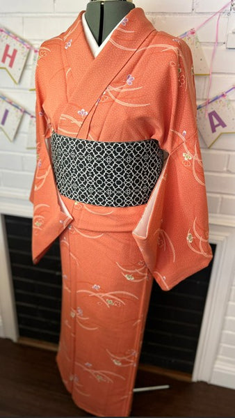 Japanese Awase Kimono –  Orange Floral Pattern, Elegant Japanese Wear, Size: M-L