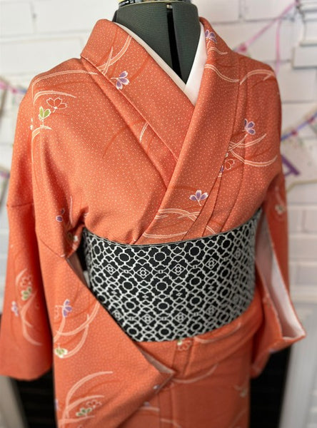 Japanese Awase Kimono –  Orange Floral Pattern, Elegant Japanese Wear, Size: M-L