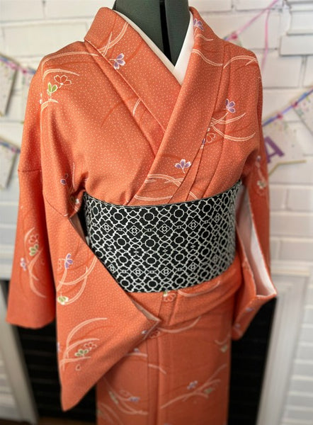Japanese Awase Kimono –  Orange Floral Pattern, Elegant Japanese Wear, Size: M-L